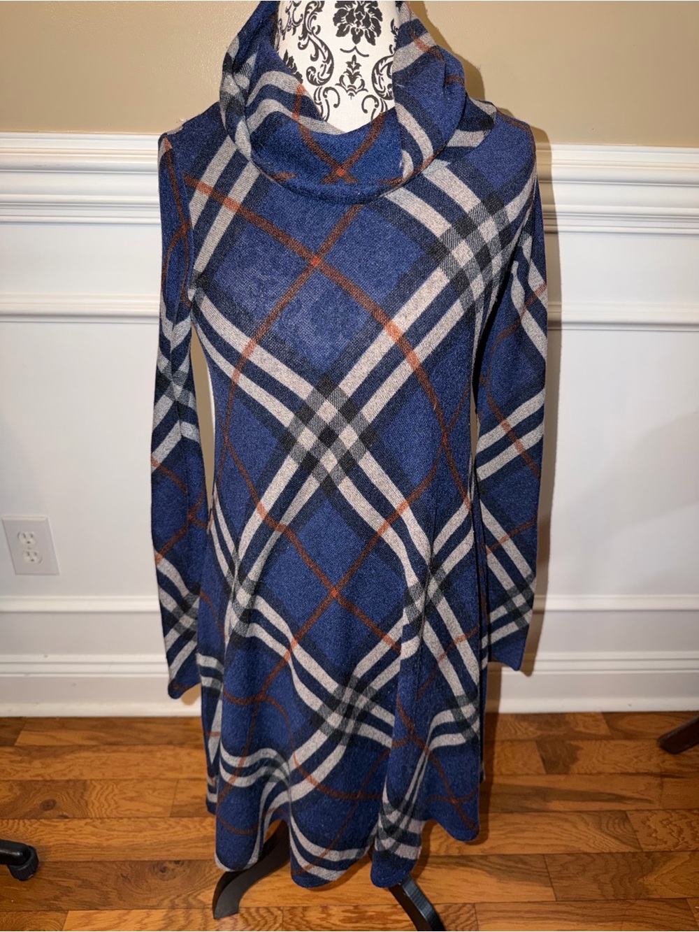 Chris & Carol Blue Plaid Cowl Neck Long Sleeve Dress